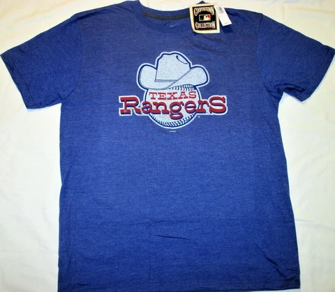 Men's TEXAS RANGERS Cowboy Hat T-SHIRT Heather BLUE Cooperstown Collection MLB Cover