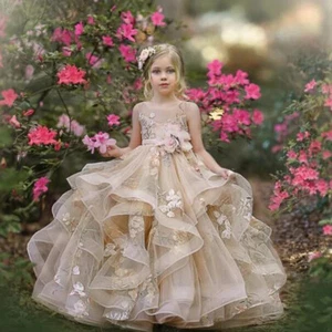 Champagne Flower Girl Dress with Sash Lace Applique Custom Made Ball Gown First - Picture 1 of 9