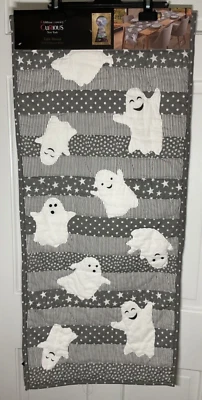CYNTHIA ROWLEY TABLE RUNNER  16 X 72 GHOSTS GRAY WHITE STARS STRIPES COTTON NIP - Image 1 of 2