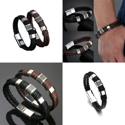 US 2 Leather Titanium Steel Braided Magnetic Clasp Bracelet Bangle Wrist Cuff - Image 1 of 4