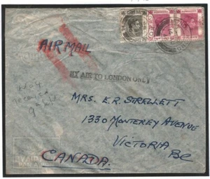 HONG KONG Cover *BY AIR TO LONDON ONLY* Air Mail Deleted Canada $1.30 1946 Y153 - Picture 1 of 6