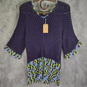 Natural Life Crochet Tunic Top Women M Purple 3/4 Flared Sleeves BOHO GrannyCore - Picture 1 of 16