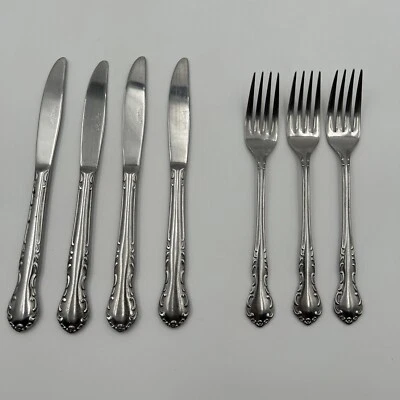 Queens Court Stainless Flatware Set Of 7 Forks & Butter Knives Japan Scrolled - Image 1 of 4