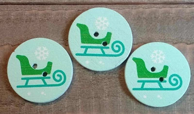 3 Christmas Sleigh Holiday Sewing Buttons Crafting Round 2 Hole Flat Wood 1"  - Image 1 of 2
