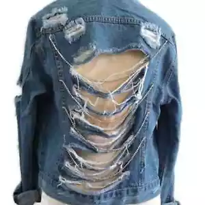 Denim Jeans Jacket Sz MEDIUM Rhinestones Simulated Diamonds Distressed BLING Lux - Picture 1 of 10