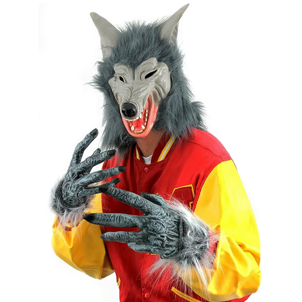 WOLF MASK AND HANDS COSTUME SET HALLOWEEN WEREWOLF ADULTS ANIMAL FANCY DRESS - Image 1 of 4