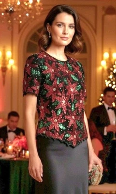 Винтажный Scala 100% шелк пуансетта блестки блузка заявление изделие женщин размер XL - Изображение 1 из 4