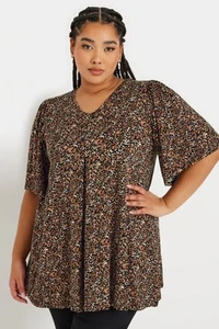 YOURS Plus Size Leopard Print Pleat Front Swing Top - Picture 1 of 7