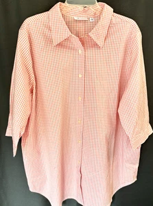 Denim &Co. 3/4 Length Sleeve Pastel Coral Gingham Cotton Blouse Women's 1X NWT - Picture 1 of 9