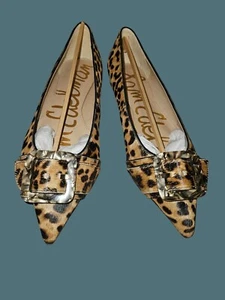 Sam Edelman Sonja Brown Leopard Dyed Cow Hair Pointed Toe Buckle Flat Shoes 7M - Picture 1 of 13