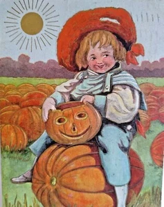 Halloween Postcard Victorian Child In Pumpkin Patch JOL 1908 Taylor Art Embossed - Picture 1 of 4