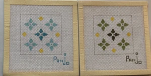 Vintage Panjo Floral Flower Coasters Handpainted Needlepoint Canvas Green Blue - Picture 1 of 4
