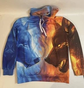 Fire And Ice All Over Wolf Print Pullover Hoodie Men’s Large Junior’s XL - Picture 1 of 5