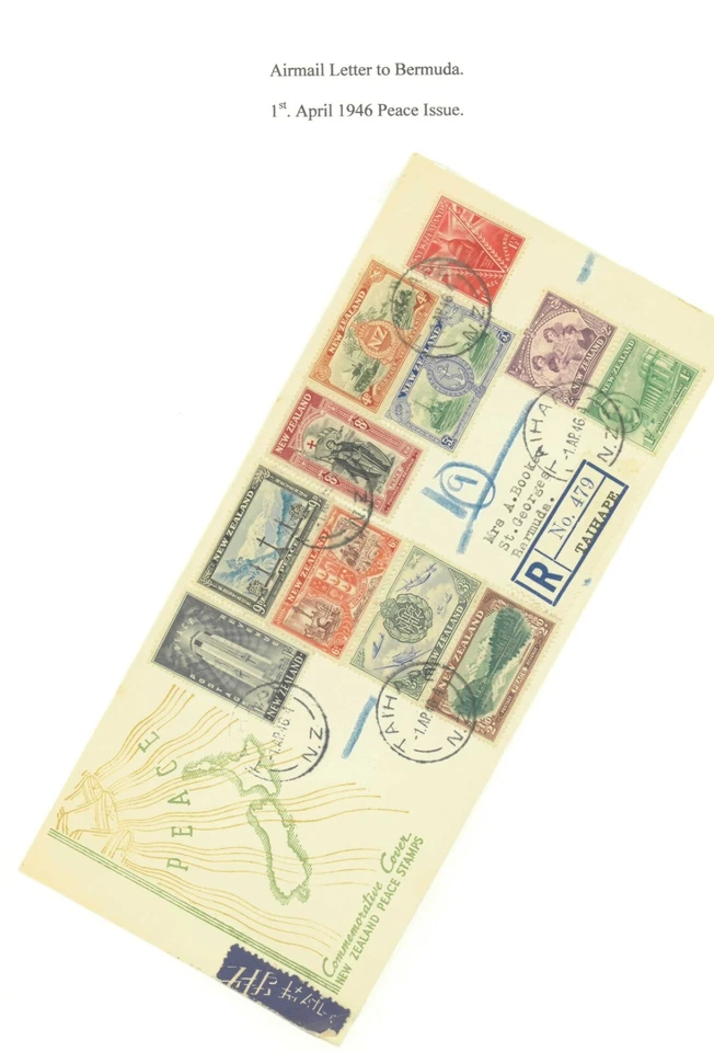 SAVOYSTAMPS-NEW ZEALAND FDC-1946-NEW ZEALAND PEACE STAMPS– REGISTERED TO BERMUDA - Image 1 of 1