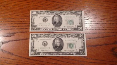 TWO 1950-D TWENTY DOLLAR NEW YORK CHOICE UNCIRCULATED NOTES TWO $20.00 BILLS! - Image 1 of 4