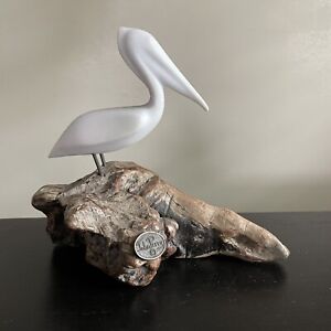 Vintage John Perry Ceramic Pelican Sculpture Statue Bird w Driftwood Beach Decor