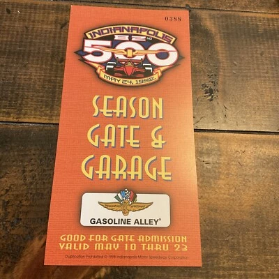 1998 Indy 500 Season Garage Gasoline Alley Pass Indianapolis IMS #0388 - Image 1 of 2