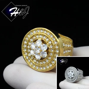 MEN Stainless Steel ICY Bling Cubic Zirconia Silver/Gold Plated Round Ring*R140 - Picture 1 of 11