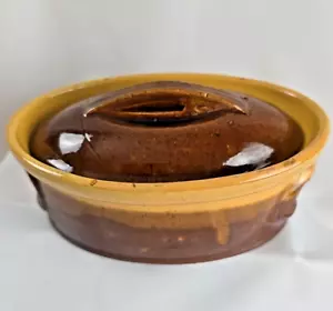 Vtg Small Lidded Terrine Two Tone Glazed Stoneware French Country Decor Chips - Picture 1 of 23