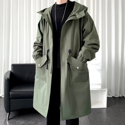 Men Midi Trench Coat Overcoat Jacket Full Zip Hooded Tunic Outwear Workwear Chic - Image 1 of 4