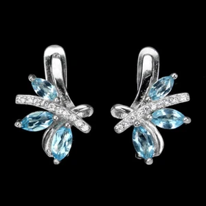 925 Argento Sterling Marquise Topazio Blu Cielo 6x3mm Zircone Cubico Orecchini - Foto 1 di 10