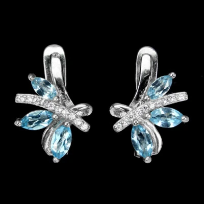 925 Argento Sterling Marquise Topazio Blu Cielo 6x3mm Zircone Cubico Orecchini - Immagine 1 di 4
