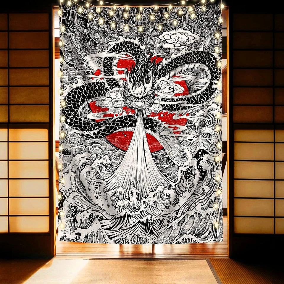 Японский Большой Волны Красный Солнечный Гобелен, Классный Король Драконов Аниме Черный Настенный Висячий - Изображение 1 из 1
