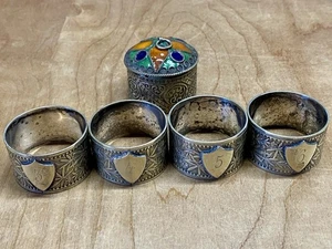 4 X Indian Silver Plate Napkin Rings & Small Enamelled Lidded Trinket Pot - Picture 1 of 8