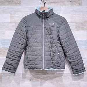 The North Face Mossbud Swirl Reversible Jacket Gray Blue Fleece Girls Medium - Picture 1 of 10