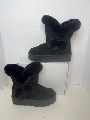 Women’s Rouge Faux Fur Suede Winter Boots– Black, Cozy Fashion Footwear |Size 8  - Image 1 of 4
