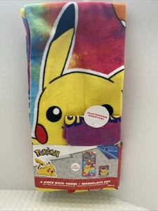 POKEMON KIDS COTTON TIE DYE 2 PIECE TOWEL AND WASHCLOTH SET, QUICK DRY, SOFT. - Picture 1 of 15