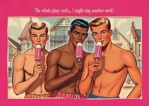 Gay postcard inspired by vintage British saucy seaside humour: Sucks - Picture 1 of 2