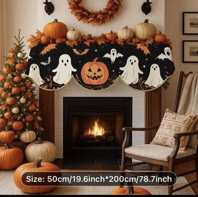 Halloween Pumpkin Ghost Bat Spider Web Fireplace Scarf Hearth Cover Horror Decor - Image 1 of 2