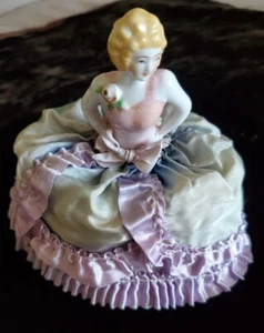 Antique Victorian 1/2 Doll Pin Cushion Porcelain Lady In Original Hoop Skirt - Picture 1 of 12