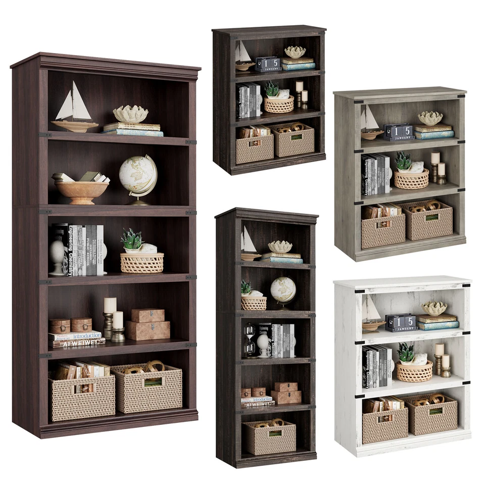 Industrial 3-5 Shelf Wood Bookcase Bookshelf Storage Display Rack Book Shelving - Image 1 of 4