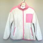 Crown & Ivy Womens Sherpa Jacket Size Medium White & Pink Full Zip Chest Pocket