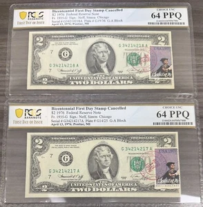 1976 $2 Two Dollar Bill - Stamped 4/13/1976 PCGS 64 PPQ FDOI 2 Consecutive SN V7 - Picture 1 of 1