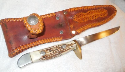 Cuchillo de caza hecho a medida con funda de cuero/mango de ciervo/hoja de 5 1/2" Foto 1 de 4