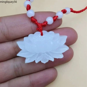 Natural White Lotus Lucky Jade Pendant Handmade Amulet Necklace Jewelry - Picture 1 of 3