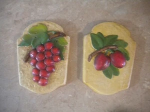 Pottery 2 Plaques Hanging Decor Apples Cherries Vintage Handpainted 6" - Picture 1 of 6