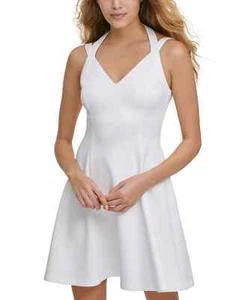 GUESS Fit & Flare Dress Size 12 White Embossed Scuba Crepe Halter Short NWOT - Picture 1 of 6