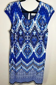 Cato Women's Dress 14/16w Shift Lined Cap Sleeve Multicolor Blue Midi Classic - Picture 1 of 7