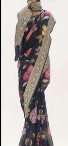 Pure Bannaras georgette Printed And Zari Boarder saree & Brocade stitched blouse - Picture 1 of 3