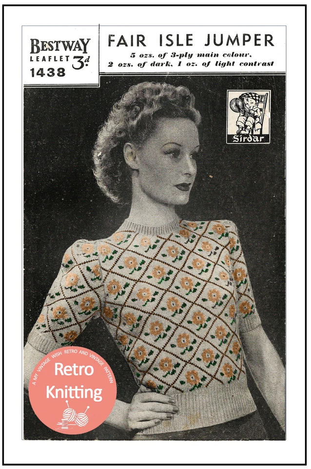1940s Flower Motif Fair Isle Sweater Vintage Knitting Pattern Copy - Image 1 of 1