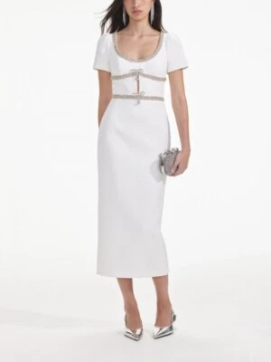 Vestido midi autorretrato para mujer blanco diamante con lazo Foto 1 de 4