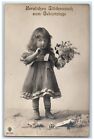 c1910's Birthday Cute Girl Curly Hair Flowers Russia Latvia RPPC Photo Postcard