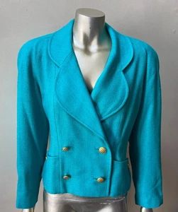 Designer Silk Woven Tweed 90s Double Breast VTG Aqua Blazer Jacket Coat 6 - Picture 1 of 6