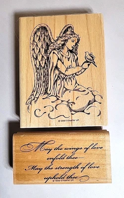 Juego de estampación 2 1999 ángel con pájaro diciendo amor fuerza madera montada goma Foto 1 de 4