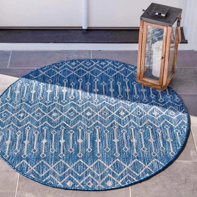 Outdoor Trellis Collection Area Rug - Tribal Trellis (7' 1" Round, Blue/ Ivory) - Image 1 of 4