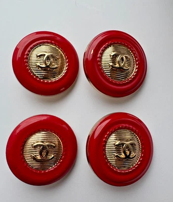 Set of 4 CHANEL Red Enamel & Gold CC Logo Buttons – Bold Vintage Style 25mm XL - Image 1 of 4
